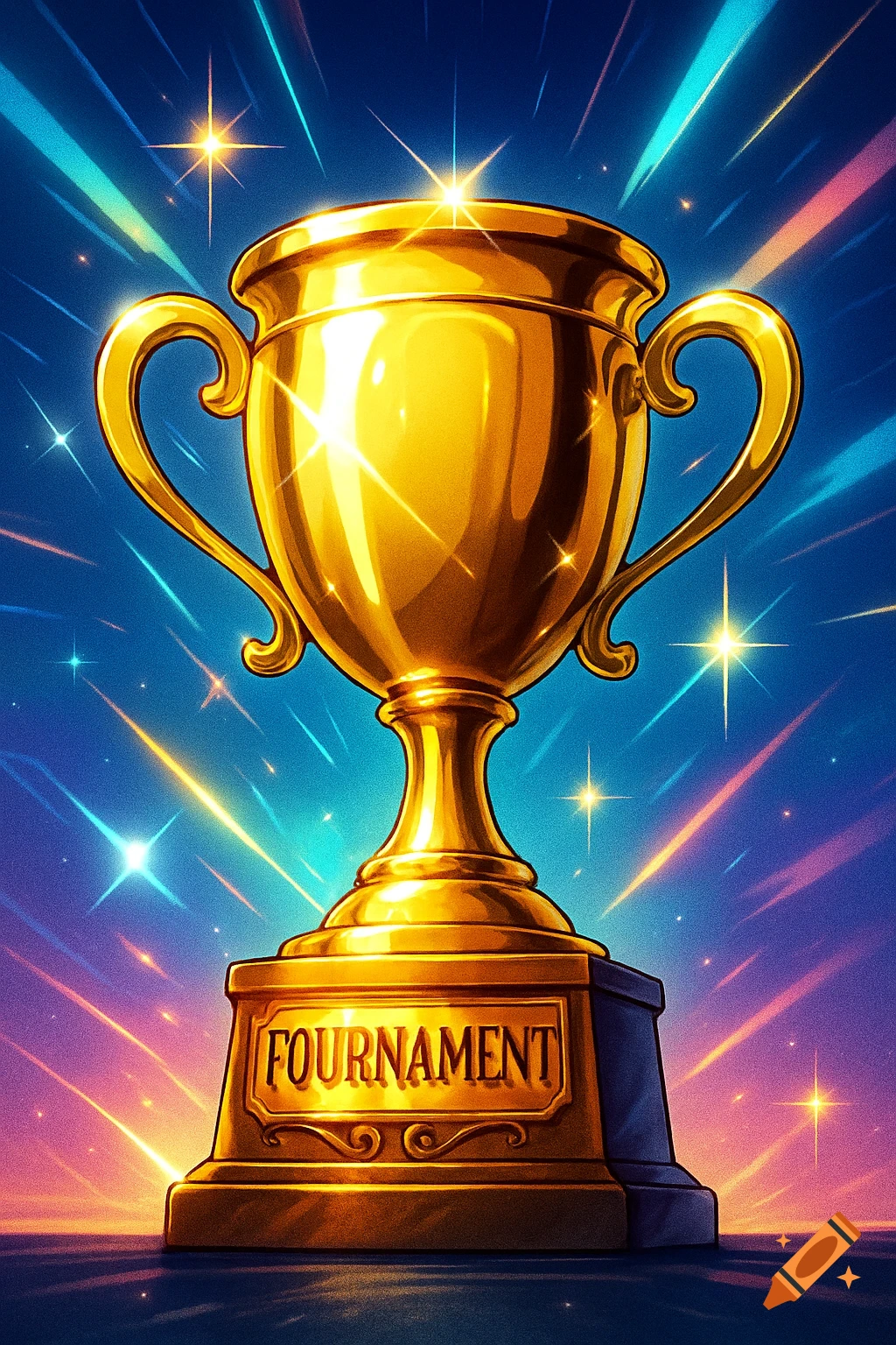 A shiny golden trophy with "FOURNAMENT" inscribed on its base, against a sparkling blue background with colorful light streaks.