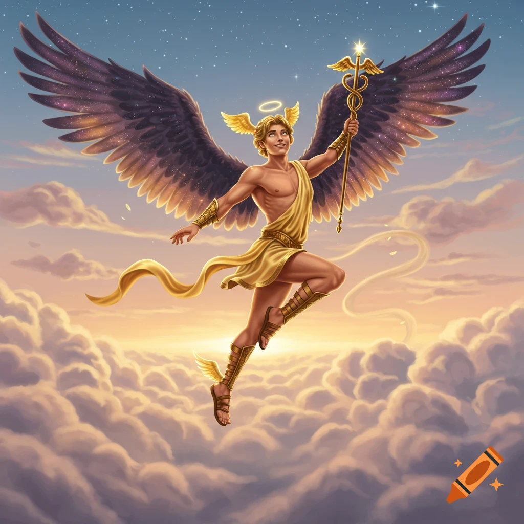 A winged god, resembling Hermes, soars above clouds into a starry sky, holding a golden caduceus. Illustrated in a vibrant, stylized manner.