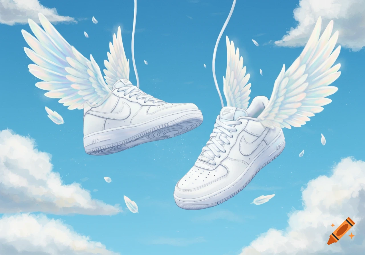 Two white Nike sneakers with iridescent wings float among fluffy clouds in a bright blue sky, with feather-like elements drifting around them.