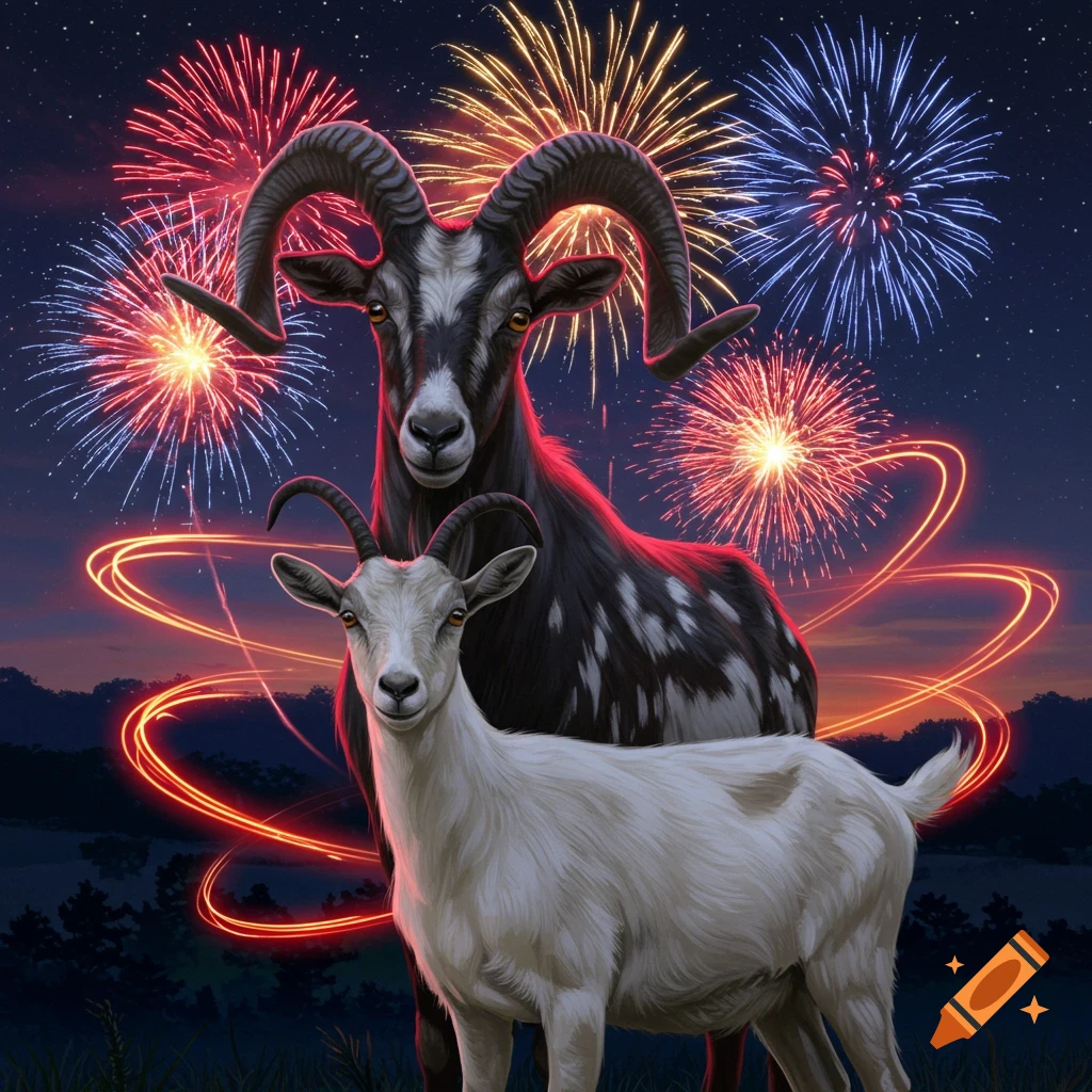 A black ram and white goat stand under a night sky with colorful fireworks and glowing red light trails. Digital illustration.
