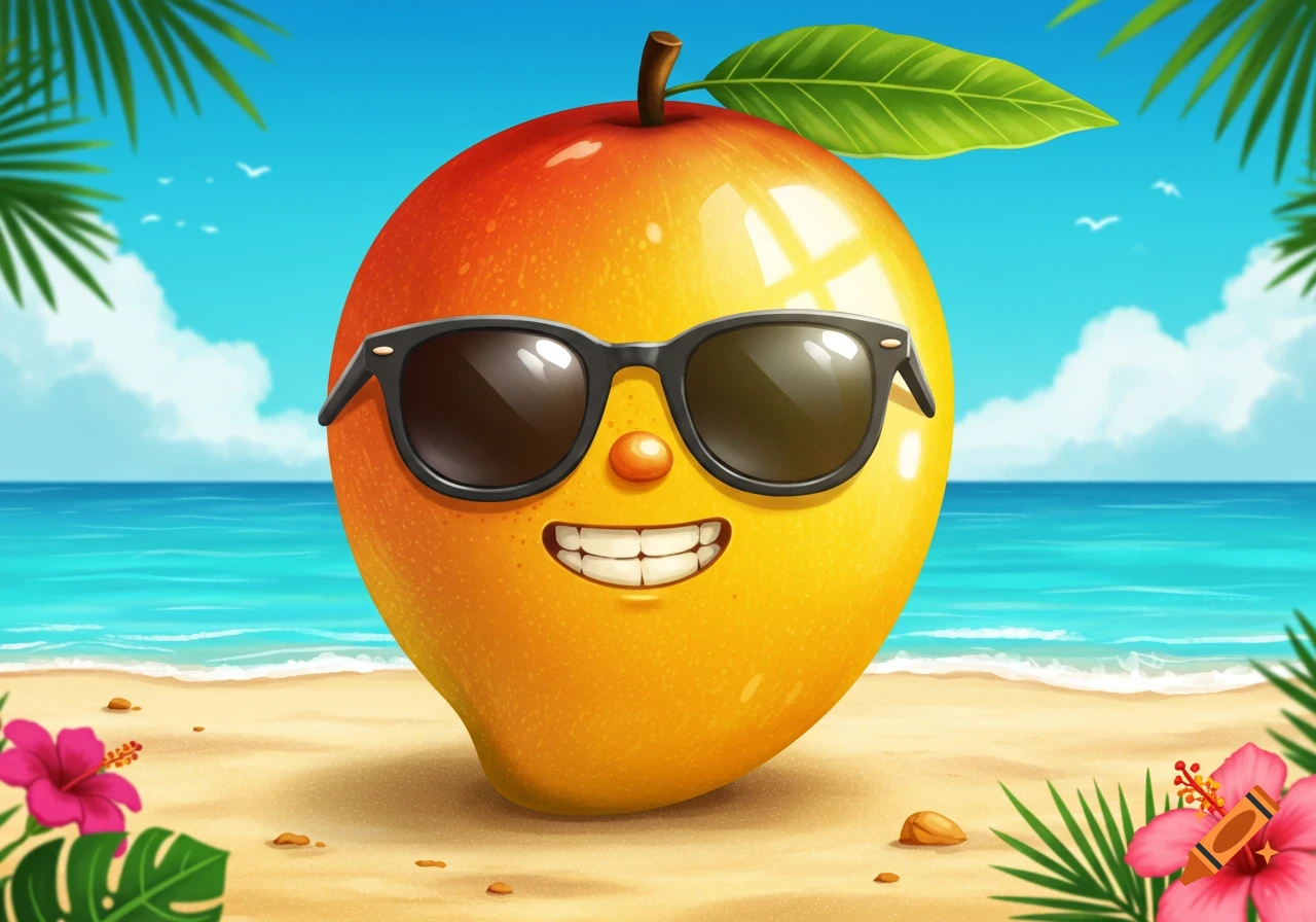 Vibrant cartoon mango with sunglasses smiling on a sunny tropical beach.