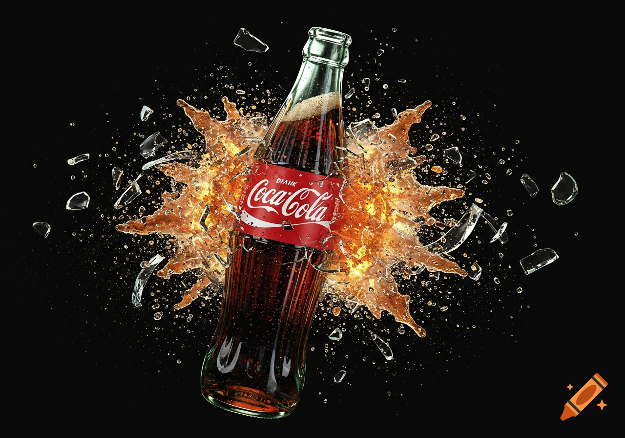 Photorealistic image of a Coca-Cola bottle exploding with liquid and glass shards against a black background.
