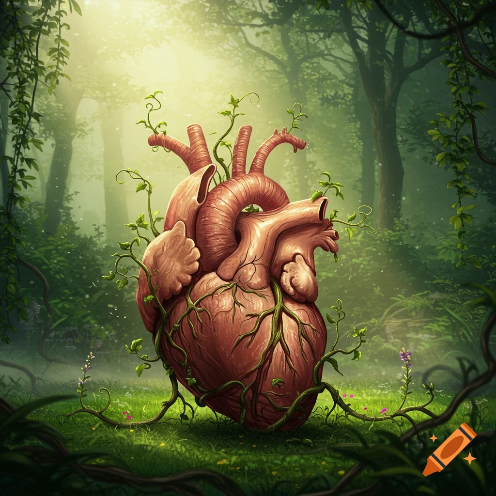 A large, detailed anatomical heart covered in green vines sits on a grassy forest floor, bathed in sunlit haze.