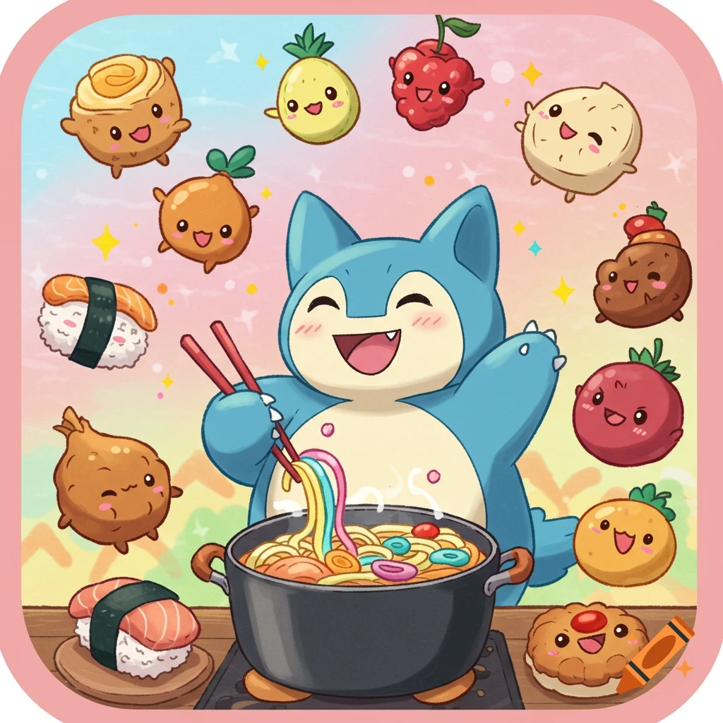 Happy Snorlax cooking colorful noodles in an anime style, surrounded by various cute, smiling food items.