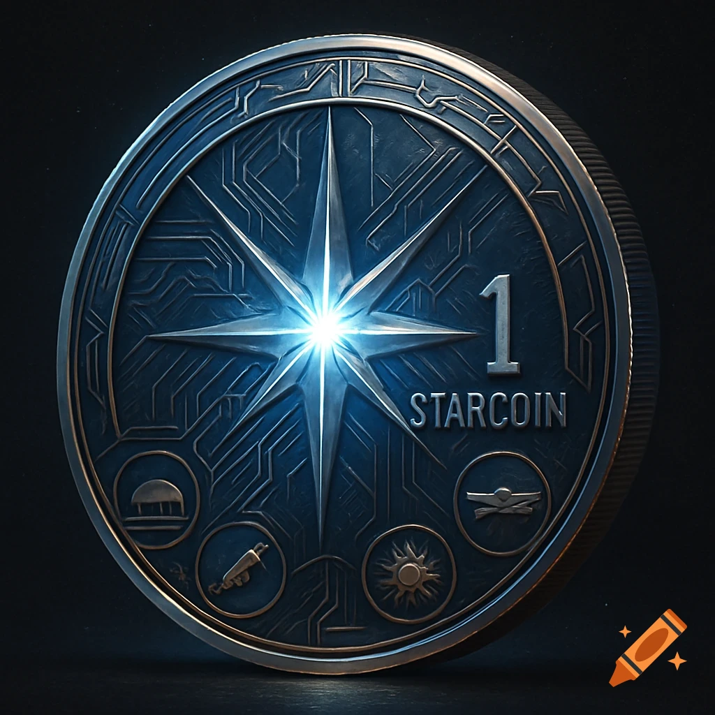 A sleek, metallic deep blue futuristic coin with a glowing central star and '1 STARCOIN' text, surrounded by intricate patterns and small symbols.