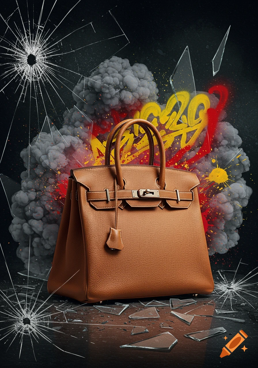 A brown leather handbag sits amidst shattered glass, grey smoke, and vibrant yellow and red graffiti on a dark background.