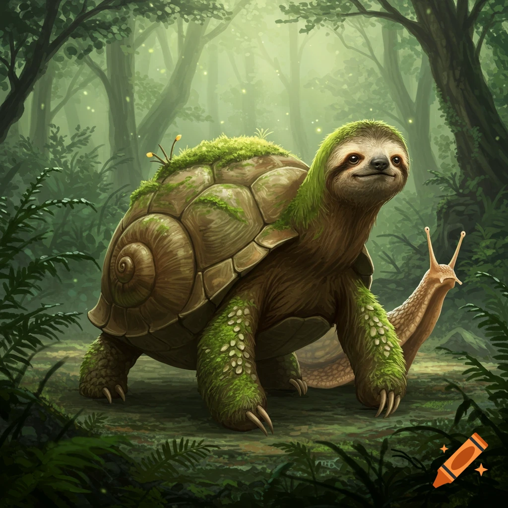 A whimsical hybrid creature with a sloth's head, tortoise shell, and snail's tail, covered in moss, in a glowing forest.
