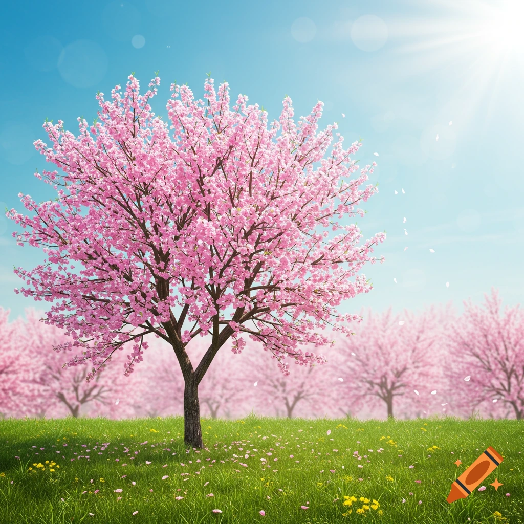 Vibrant spring landscape with a large pink cherry blossom tree, green grass, and more trees in the distance under a sunny blue sky.