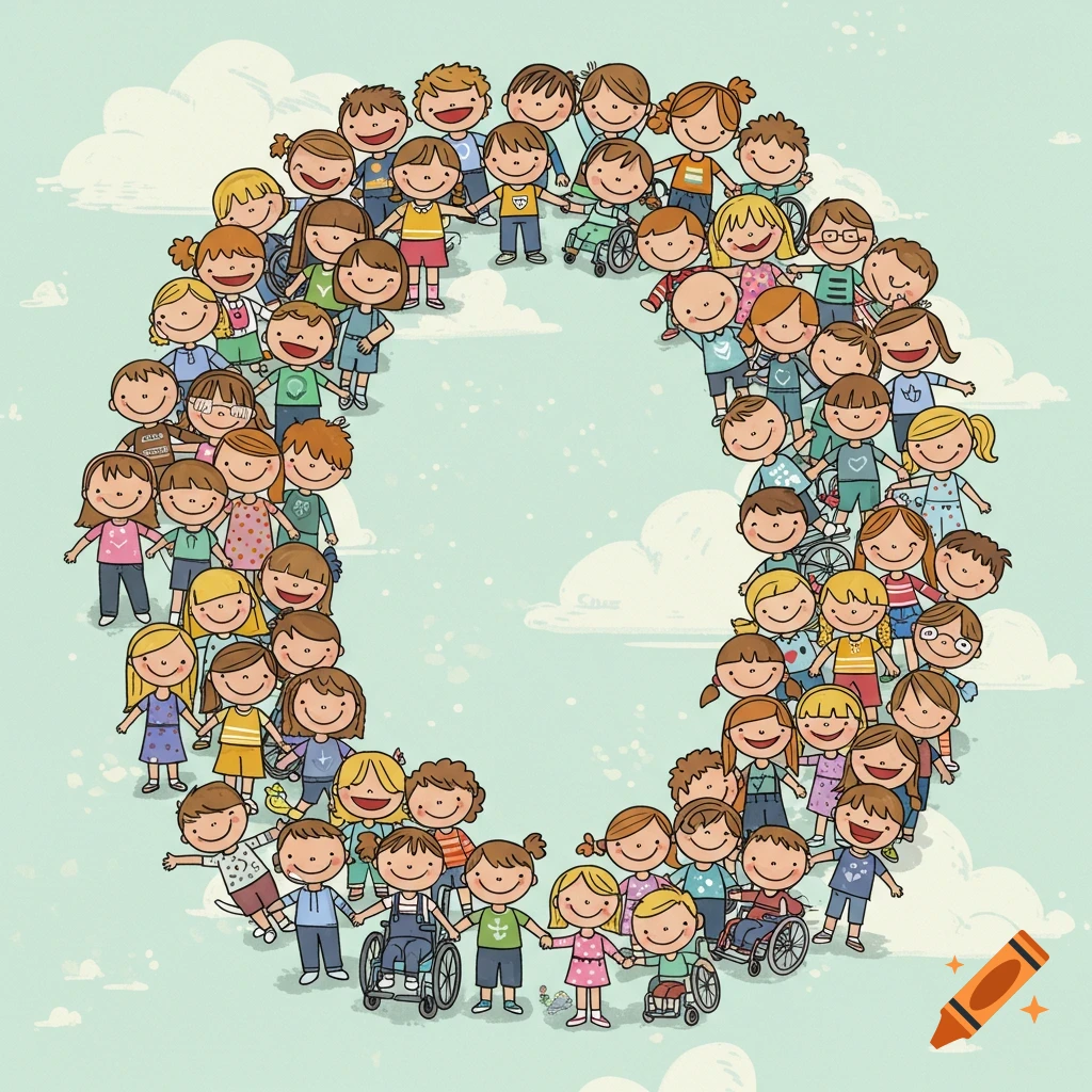 Cartoon illustration of diverse children, some in wheelchairs, holding hands to form a large letter O against a blue sky with clouds.