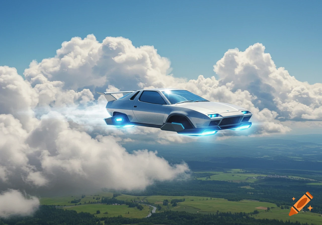 Sleek silver hovercar with blue glowing thrusters flies through fluffy clouds above a green landscape.