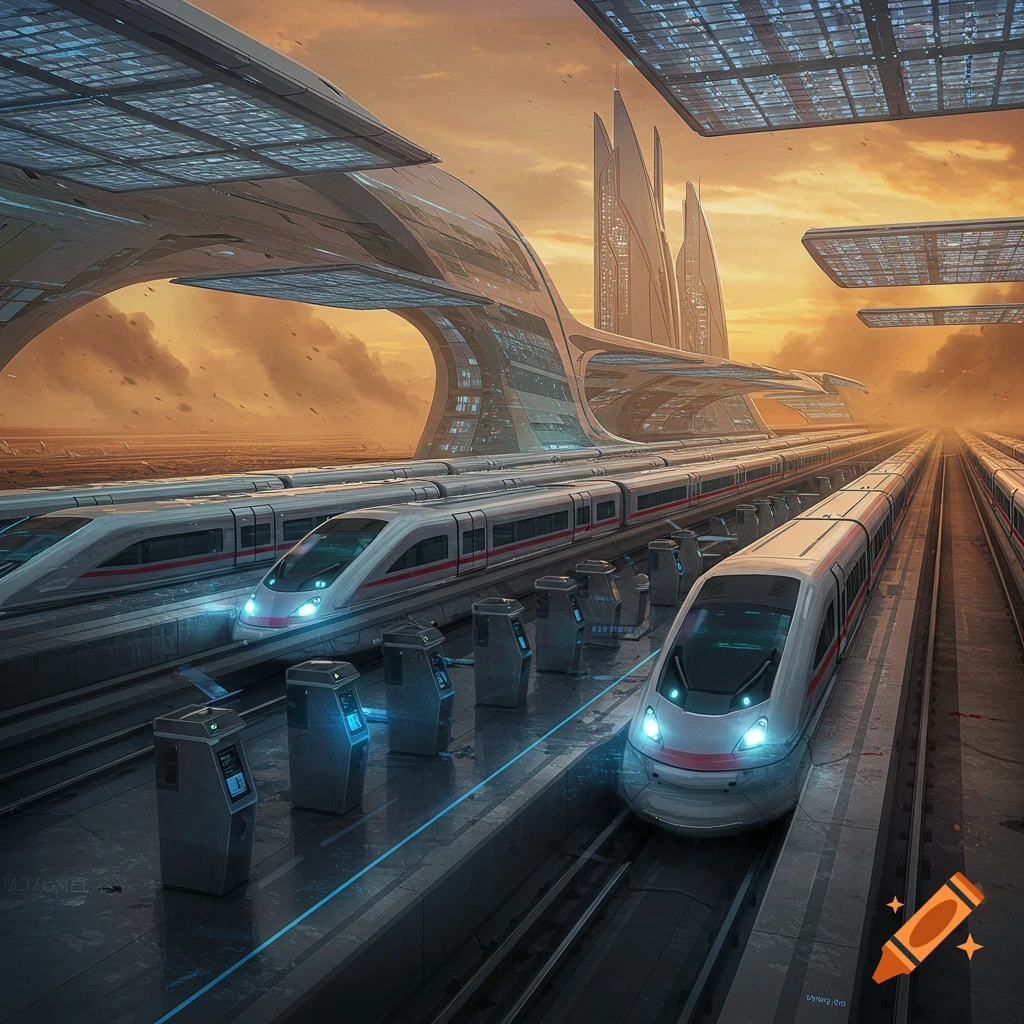 Futuristic maglev trains at a high-tech station under an orange, dusty, post-apocalyptic sky, surrounded by modern architecture.