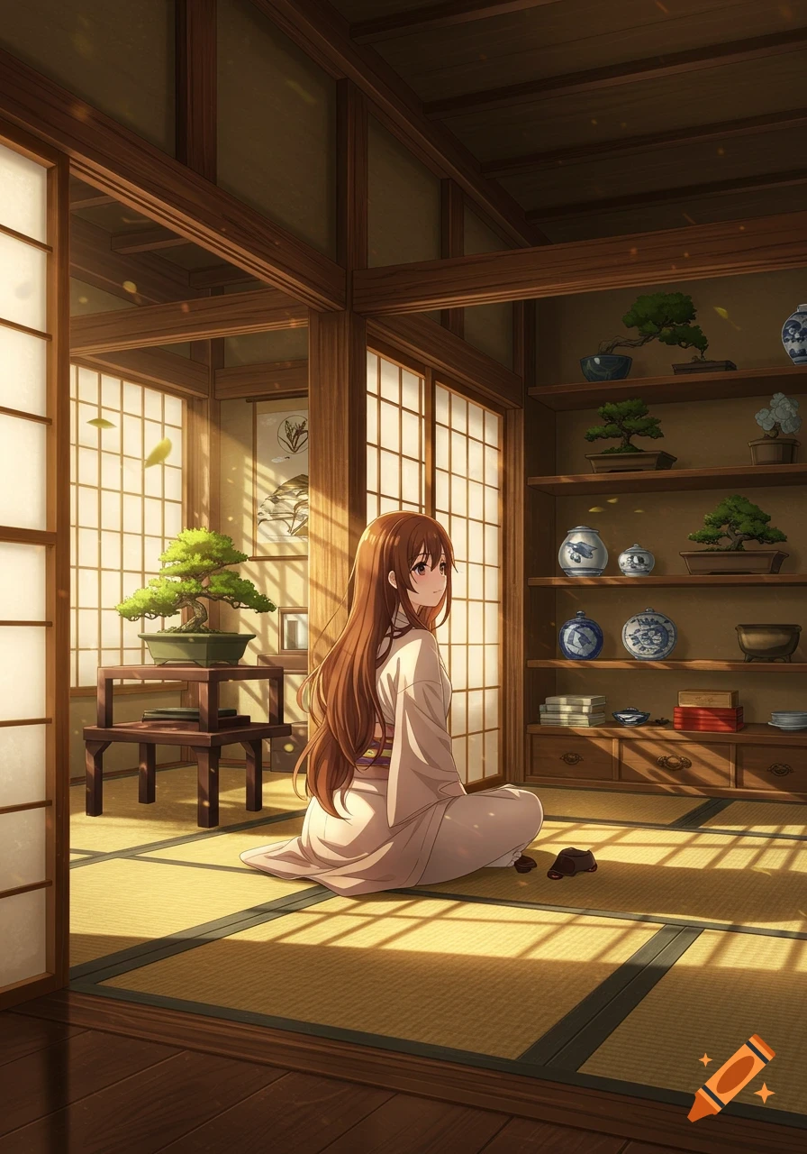 Anime-style illustration of a young woman sitting on tatami mats in a traditional Japanese room with bonsai trees and warm sunlight.