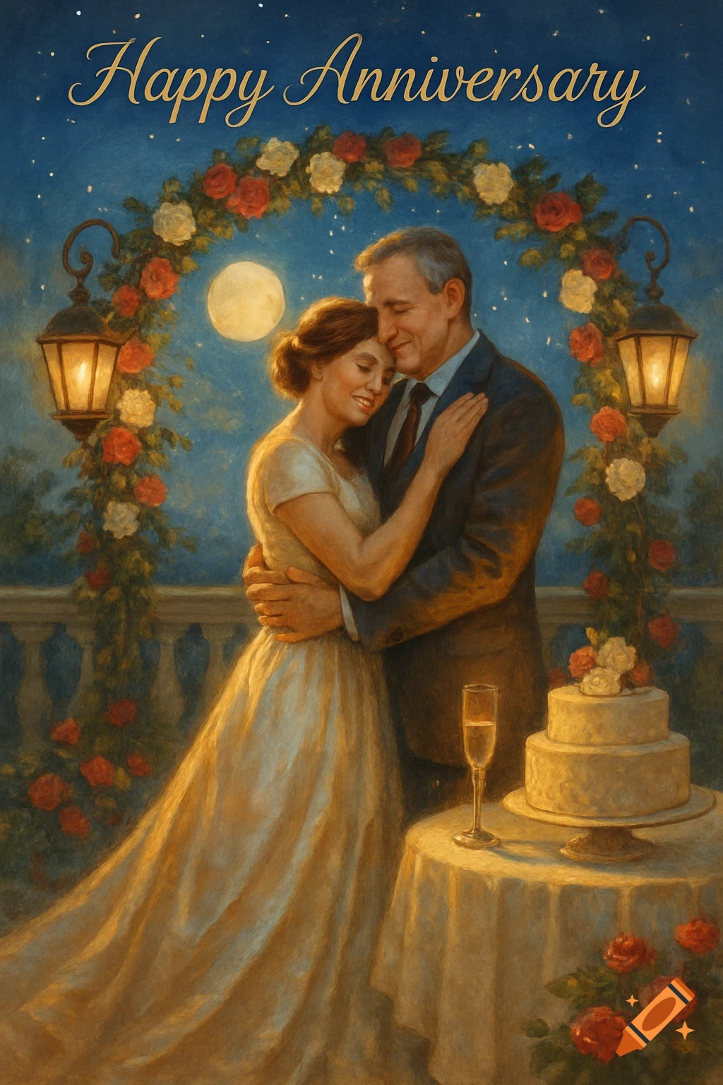 A painterly image of a loving couple embracing under a moonlit sky, with a cake, champagne, and 'Happy Anniversary' text.