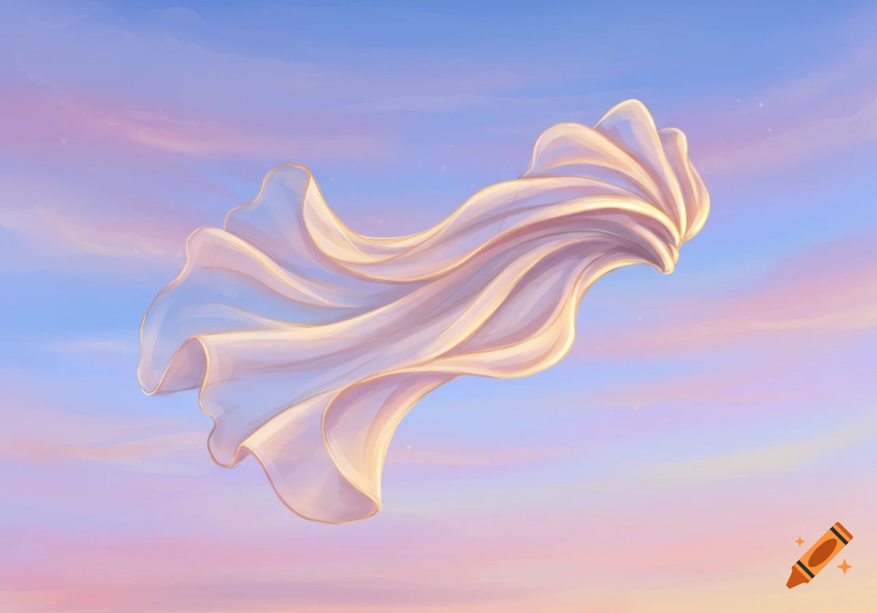A soft white and pink ruffled fabric floats gracefully against a pastel blue and pink gradient sky.