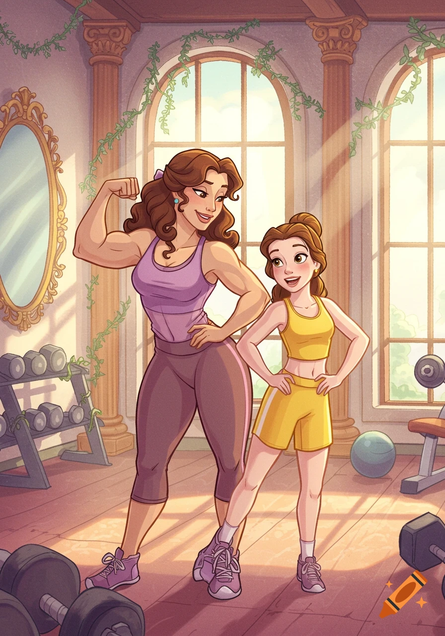 Belle and her muscular mom pose in a cartoon gym. The mom flexes while Belle smiles beside her.