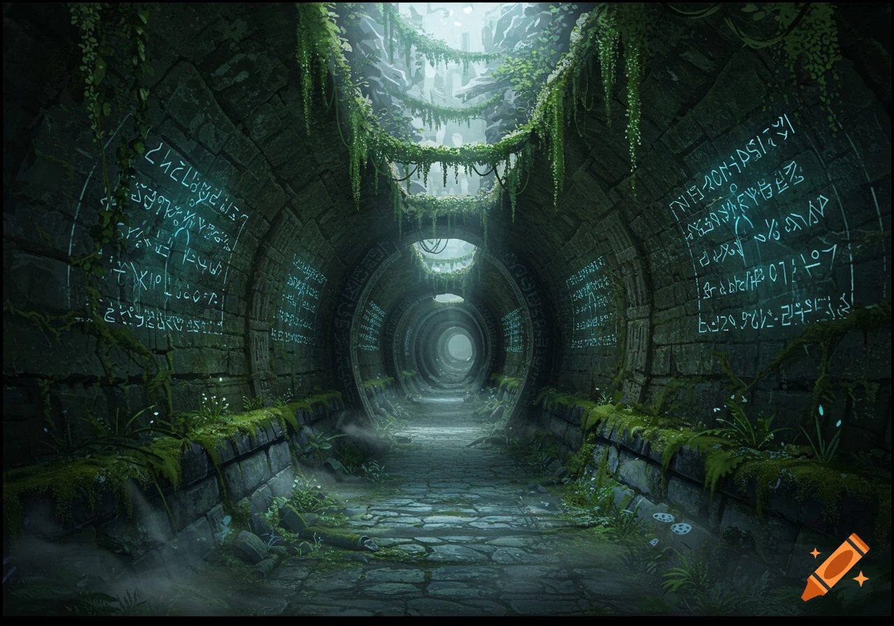 A mysterious, ancient stone tunnel overgrown with vines and moss, featuring glowing runes on its curved walls, in a fantasy art style.