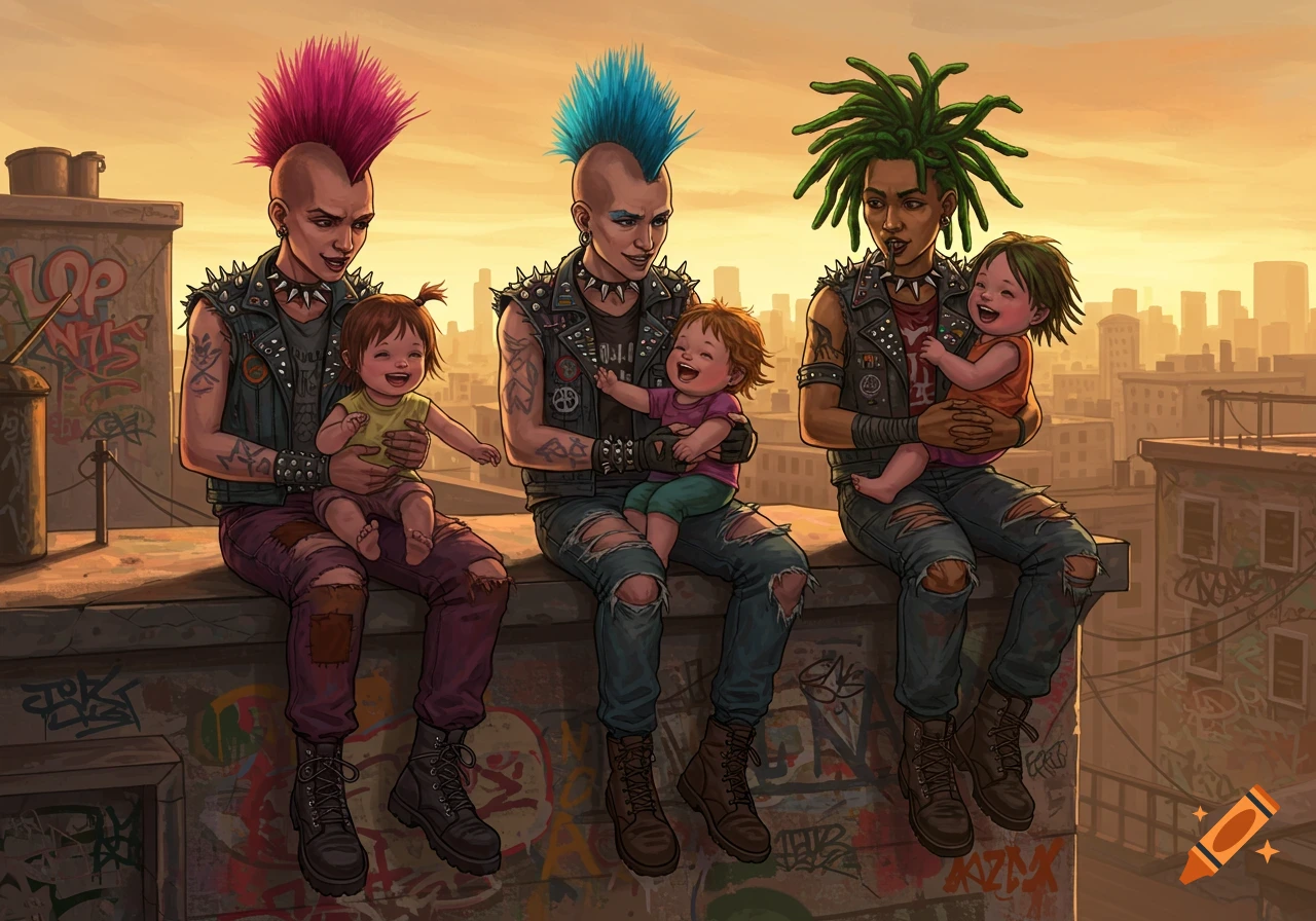 Three punk-styled adults with colorful mohawks and dreadlocks sit on a city rooftop, each holding a smiling baby, at sunset.