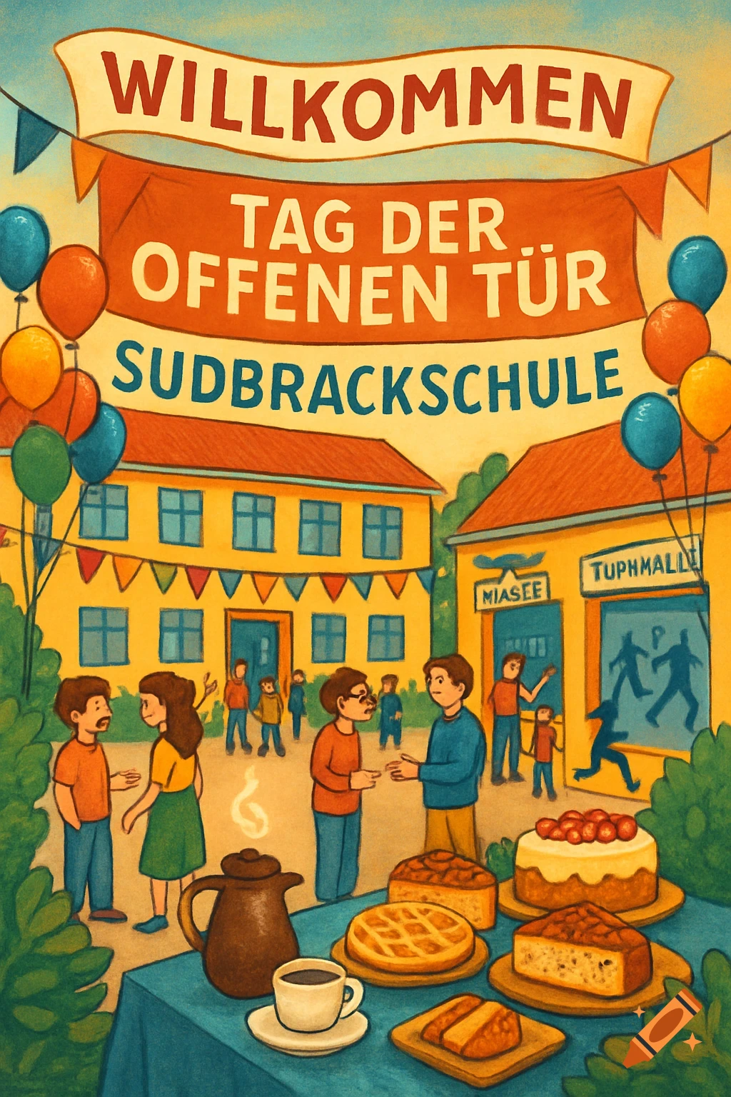 Colorful illustration of a school open house with banners, buildings, people, coffee, waffles, and cakes.