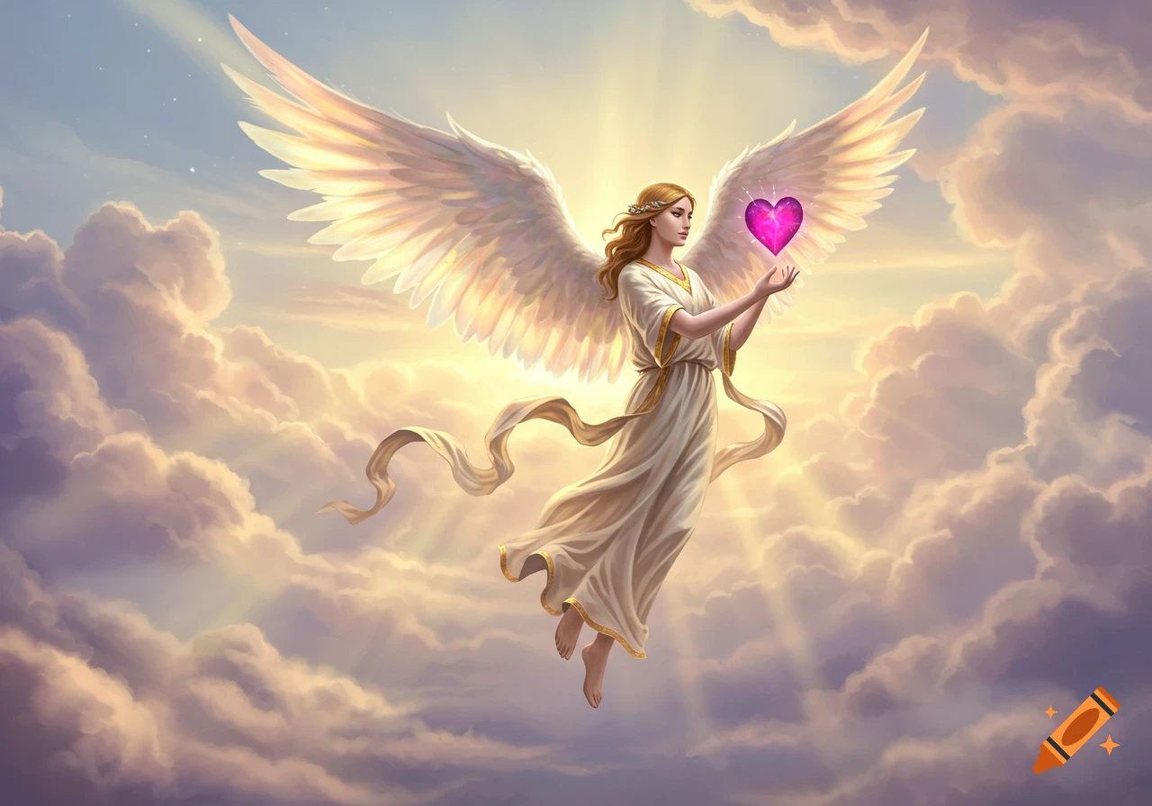 An angel with large white wings, holding a glowing purple heart in her hands, floating among sunlit clouds in a bright sky, digital art.