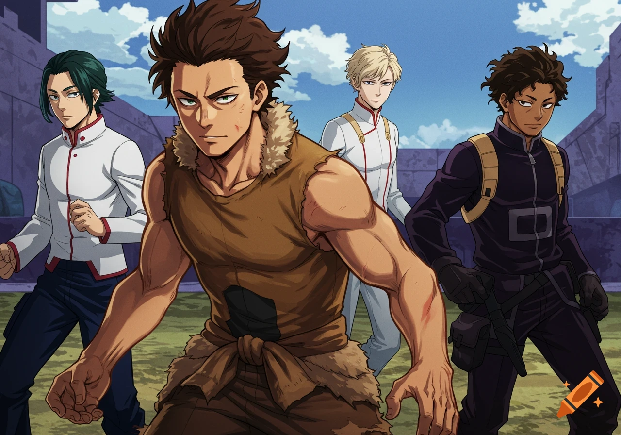 Four anime-style male characters in diverse outfits, including tribal, uniform, and combat gear, stand under a blue sky.