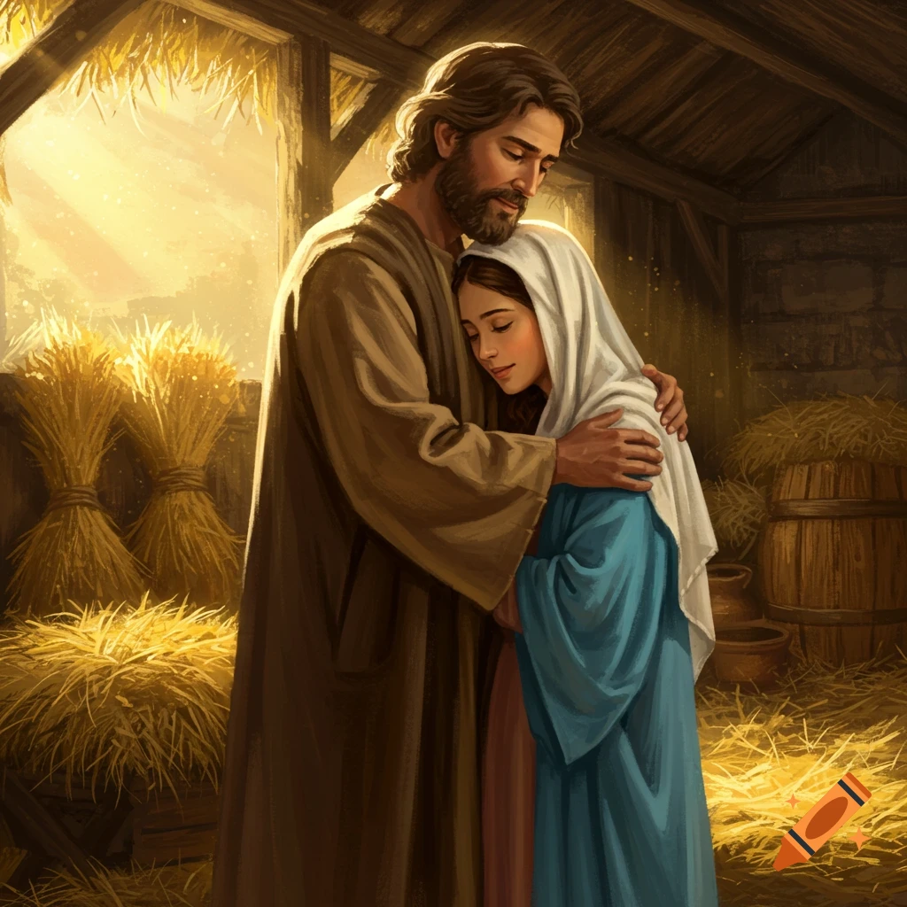 A painting of Joseph embracing Mary in a golden-lit stable filled with hay.