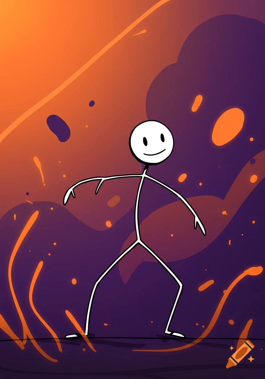 A simple white stick figure stands against an abstract orange and purple background with splashes.