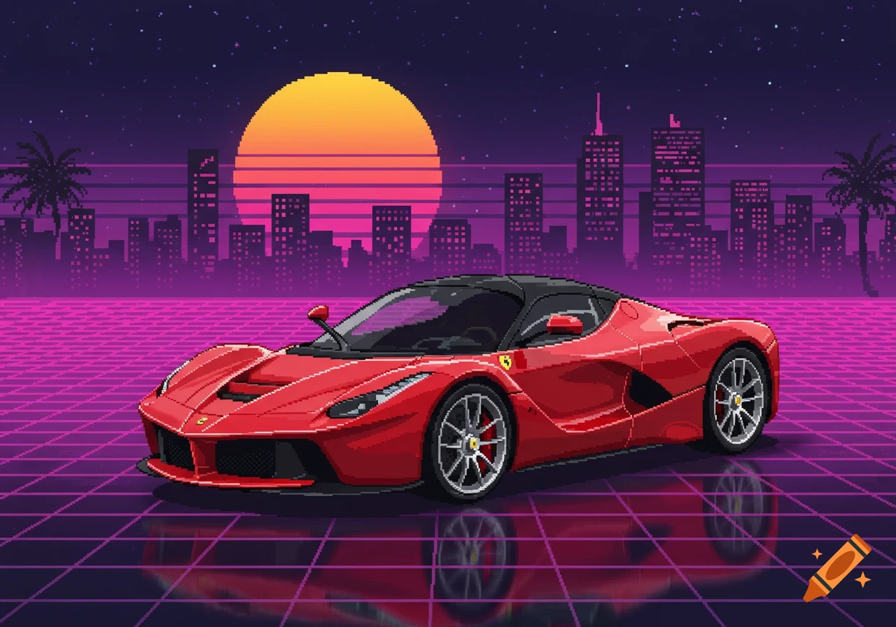 Pixel art red Ferrari LaFerrari on a neon grid road in a synthwave city at sunset.