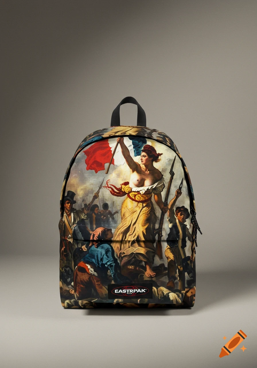 A black Eastpak backpack featuring a print of Eugène Delacroix's painting "Liberty Leading the People" against a gray background.