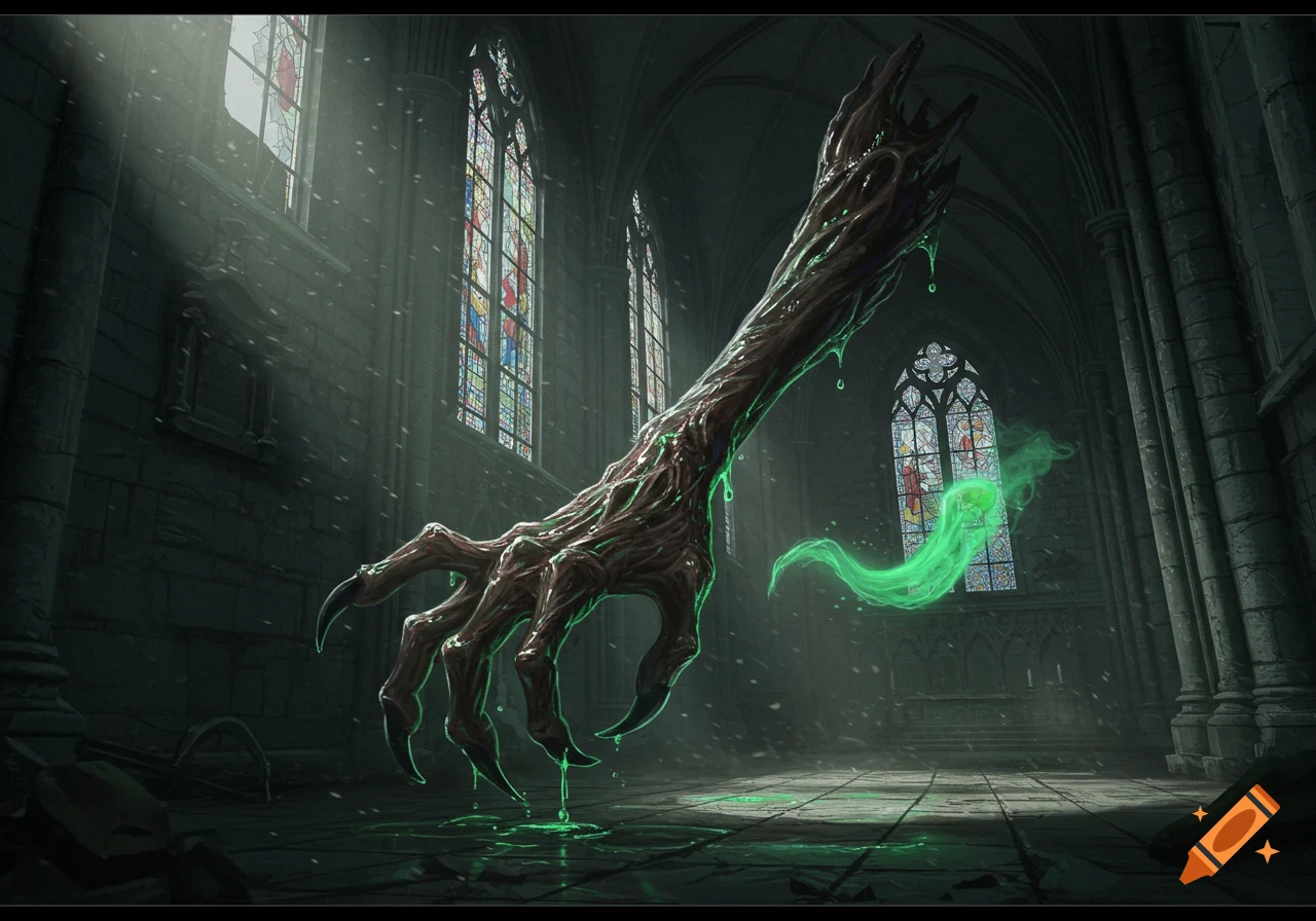 A monstrous, slime-covered arm hangs in a dark gothic church, dripping green goo and surrounded by eerie green mist.