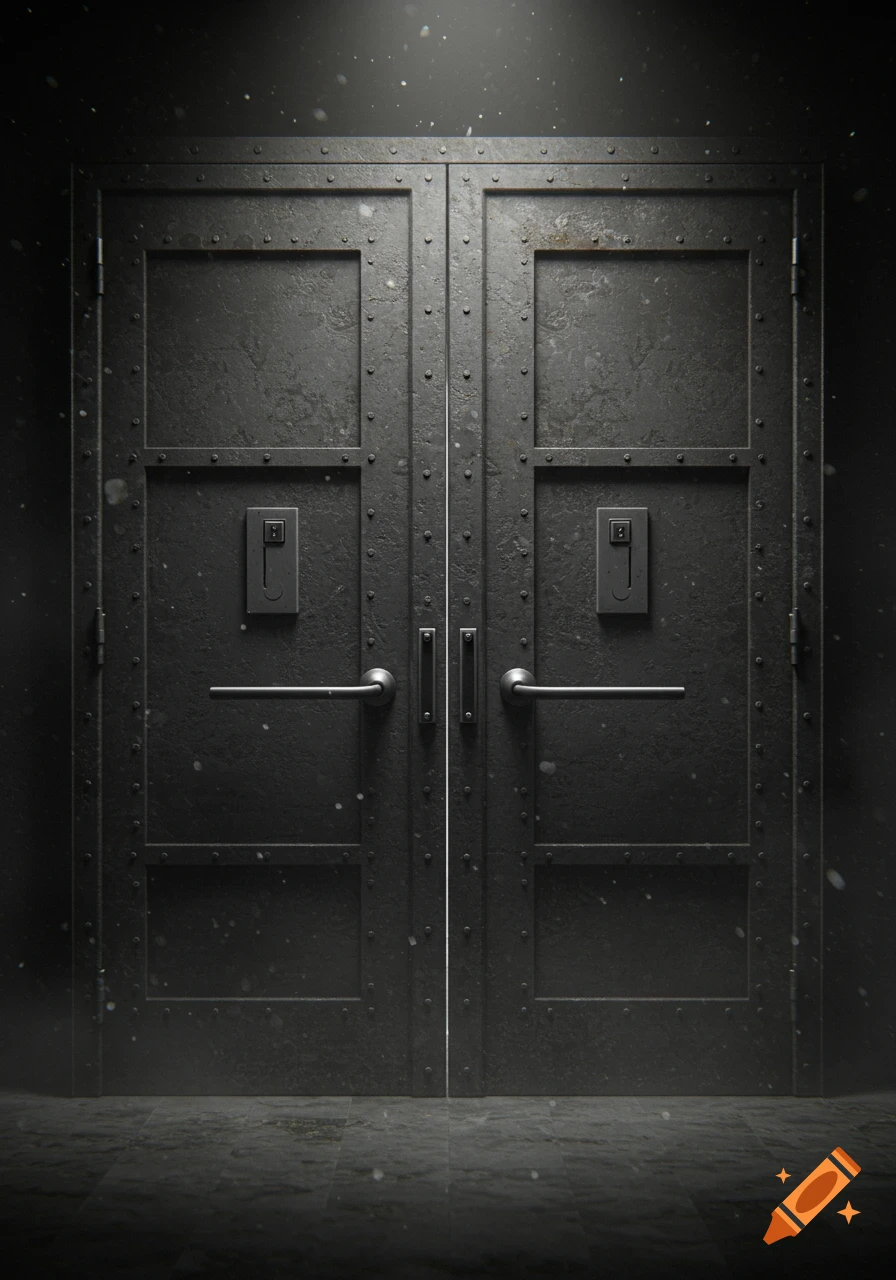 Dark, grimy, riveted double metal doors with panic bar handles, dimly lit.