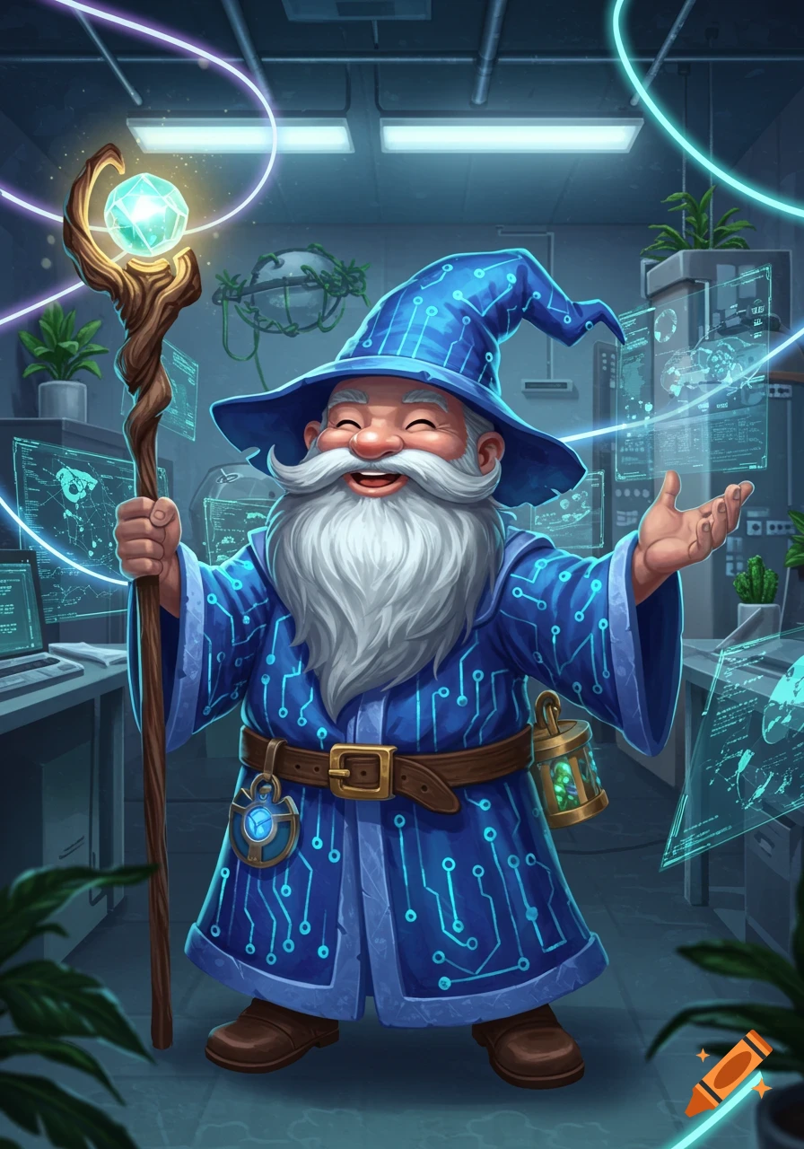 A cheerful, bearded gnome wizard in a blue circuit-patterned robe and hat, holding a glowing staff, in a tech lab.