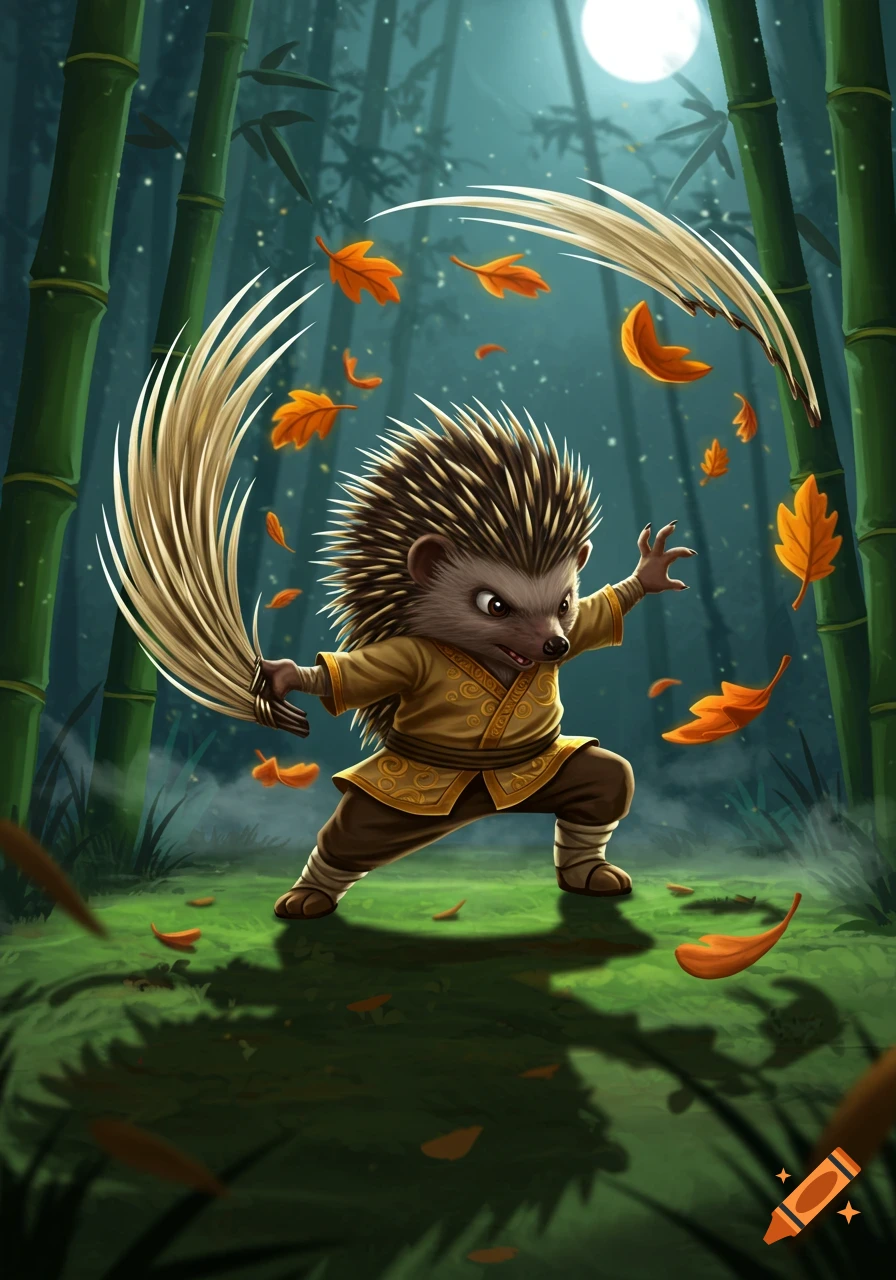 A cute cartoon hedgehog in a martial arts stance, wielding quills, in a moonlit bamboo forest with falling leaves.