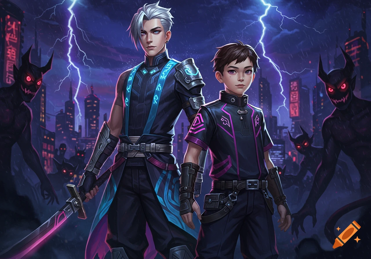 Two male demon hunters, one older with white hair and a sword, and one younger, stand against a dark, rainy city skyline with lightning and glowing-eyed demons in a digital painting style.