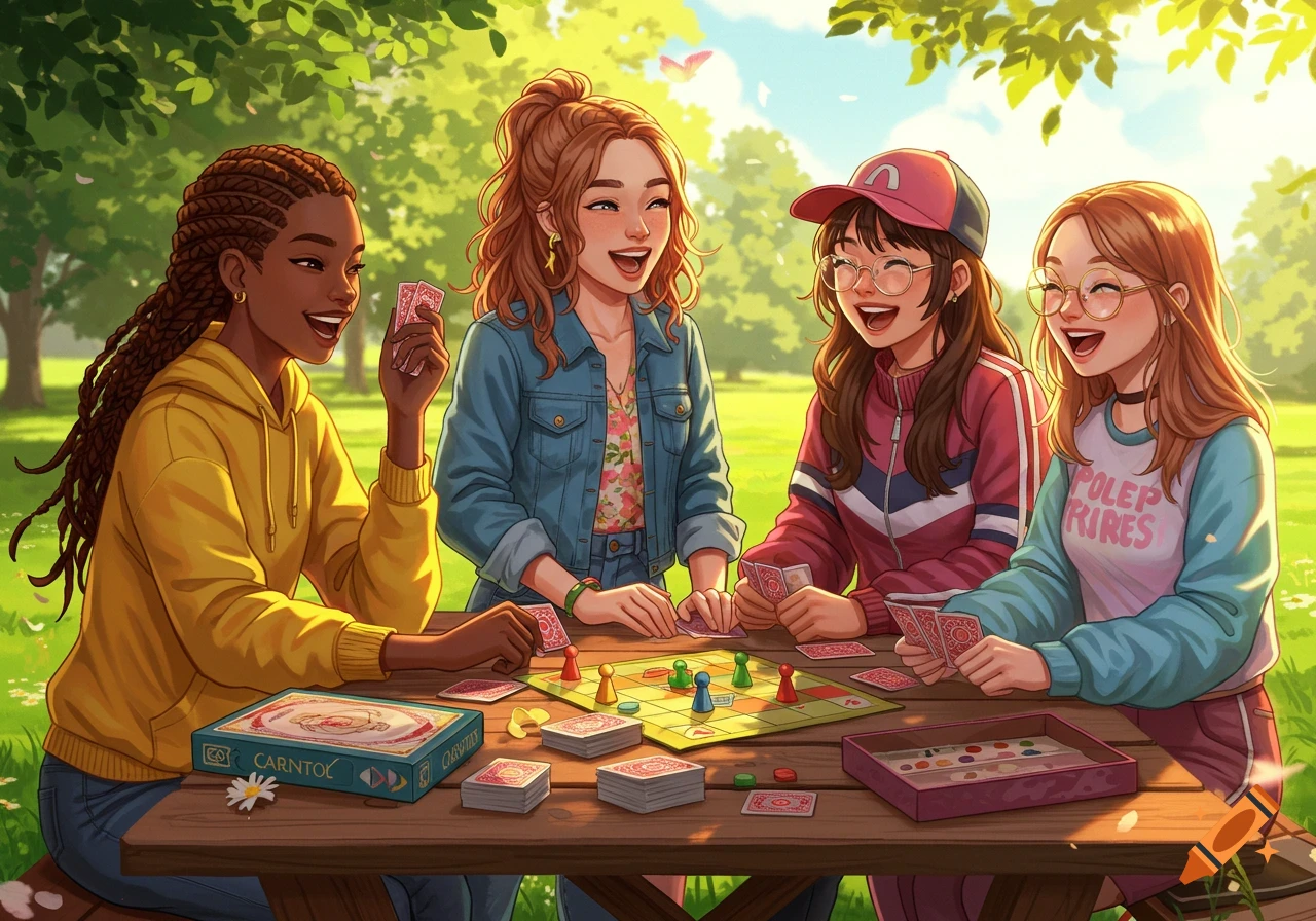 Four smiling cartoon girls play board and card games at a picnic table in a sunny park.