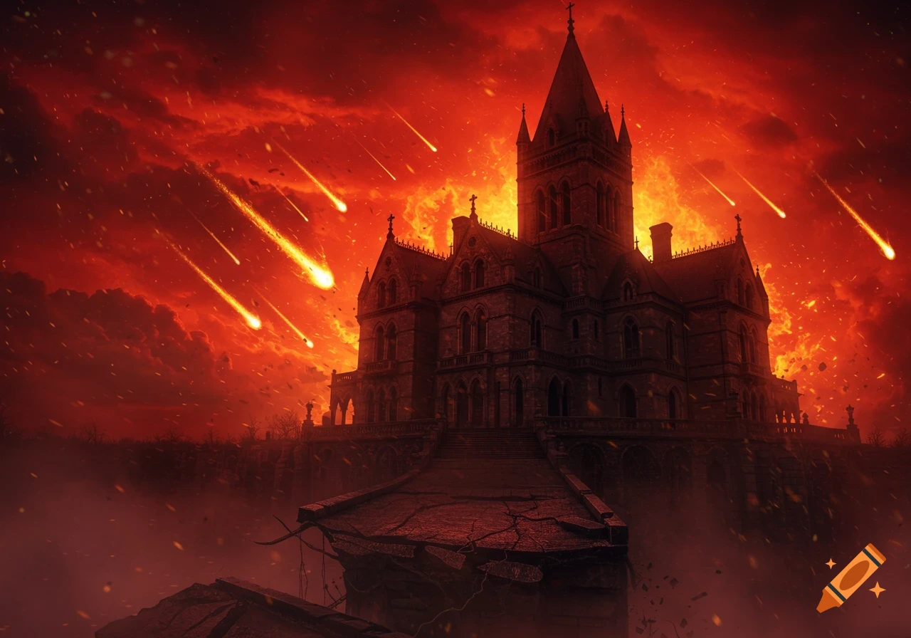 A detailed gothic mansion with a broken bridge under a fiery red, meteor-filled sky.
