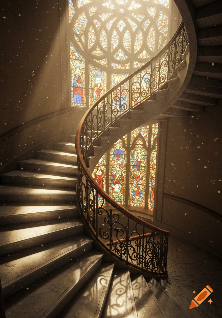 A grand spiral staircase with an ornate railing bathed in sunlight streaming through colorful stained glass windows.