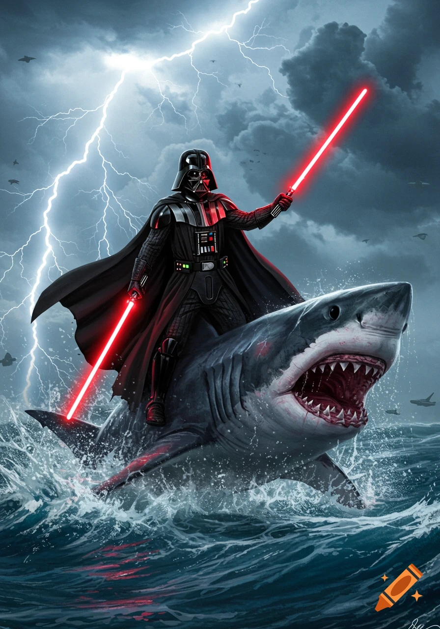 Darth Vader wielding two lightsabers while riding a shark through a stormy ocean with lightning striking the sky. Digital art.