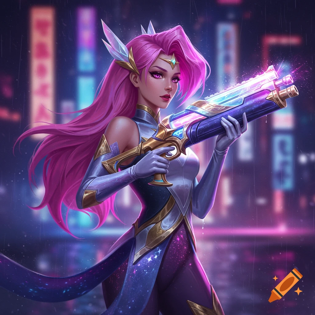 Pink-haired Seraphine-like character in a cosmic outfit holds a glowing futuristic gun in a neon cityscape at night.
