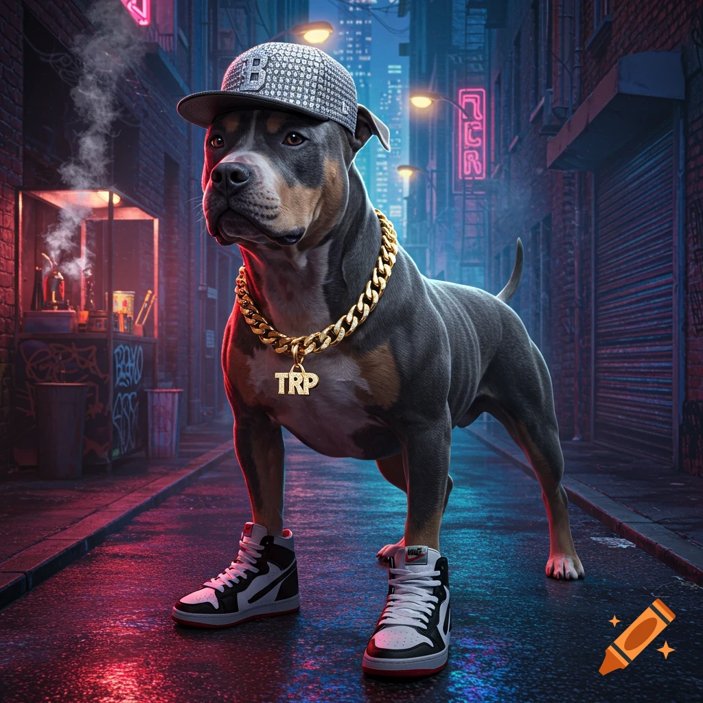 A stylized Pitbull dog dressed as a trap rapper, wearing a diamond-studded baseball cap, a heavy gold chain with a "TRP" pendant, and sneakers, stands in a neon-lit city alley.