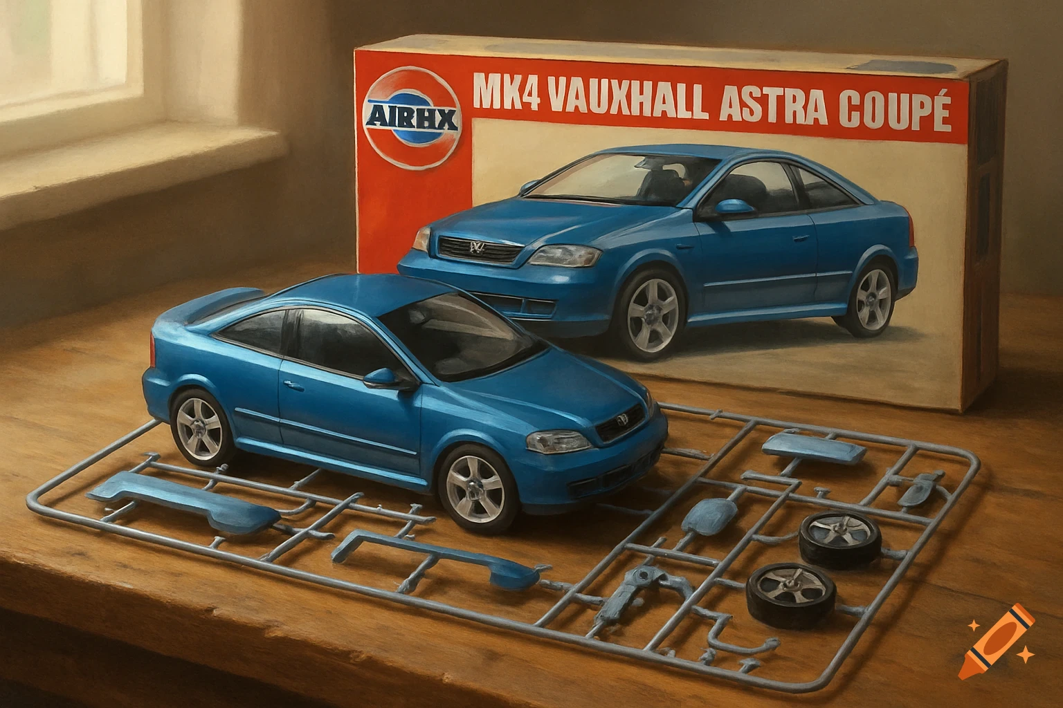 A blue MK4 Vauxhall Astra coupé model car sits on a wooden table next to its sprue of parts, with the kit box behind it.