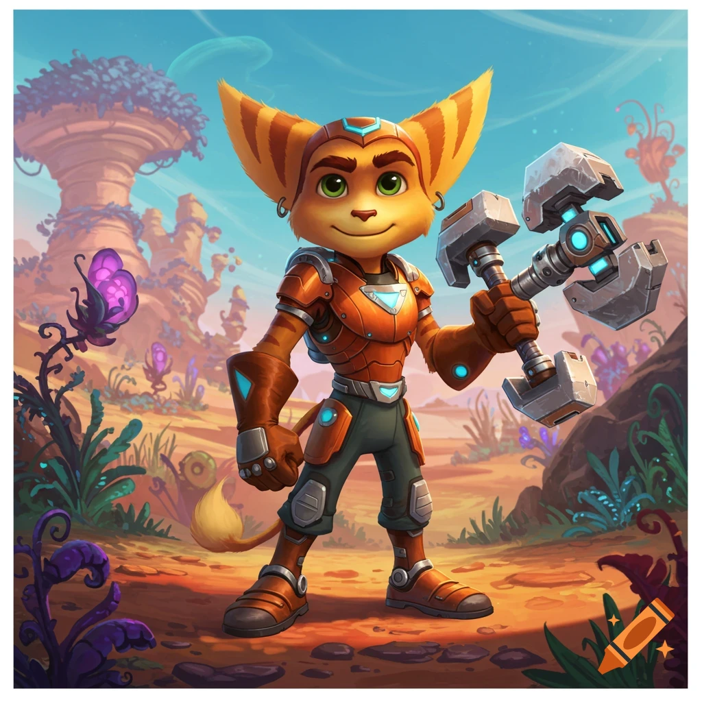 A smiling, orange feline alien hero in futuristic armor holds a large wrench in an exotic, colorful sci-fi landscape.