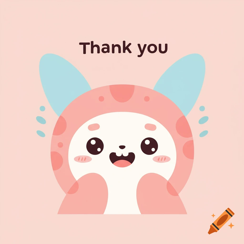 Cute pink and white cartoon creature with big eyes and blue ears, smiling, with 'Thank you' text above.