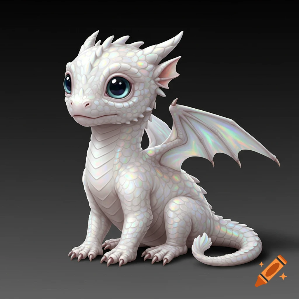 A cute white baby dragon with large blue eyes and iridescent wings sits on a dark background.
