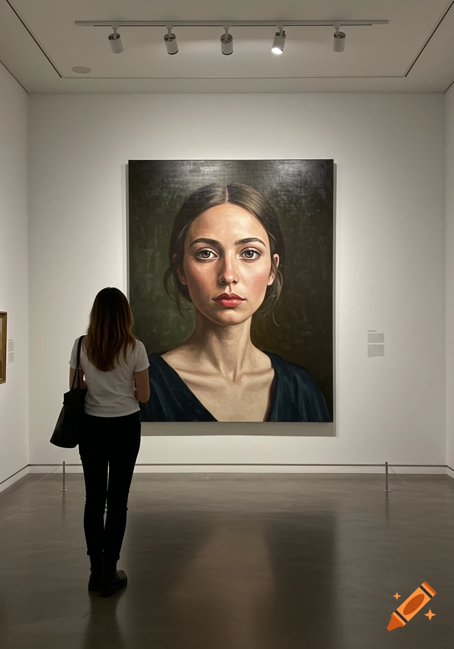 A person views a large, realistic oil painting of a woman in a minimalist art gallery setting, seen from behind.