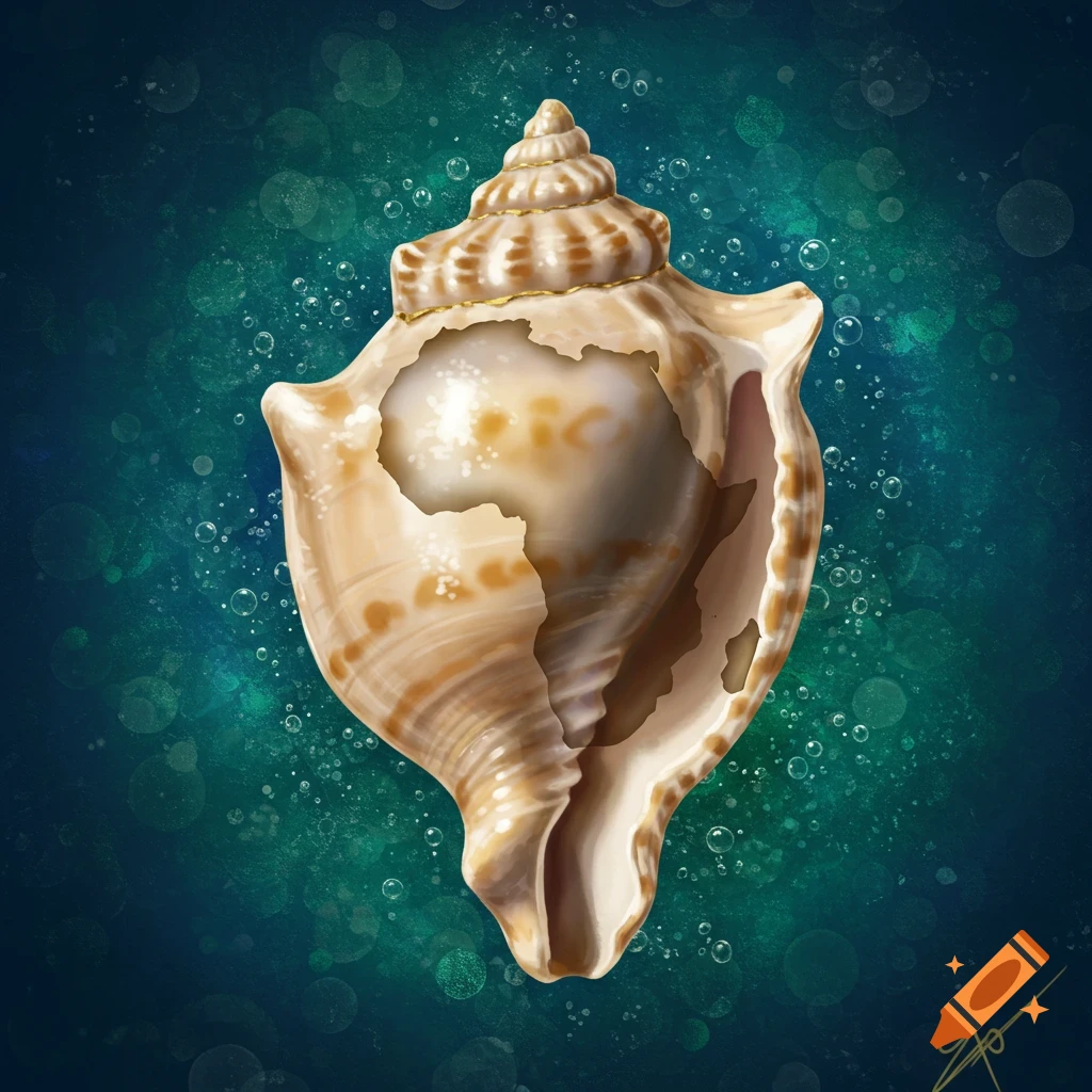 Stylized illustration of a conch shell, with the inner opening shaped like the continent of Africa, on a dark teal background with bubbles.