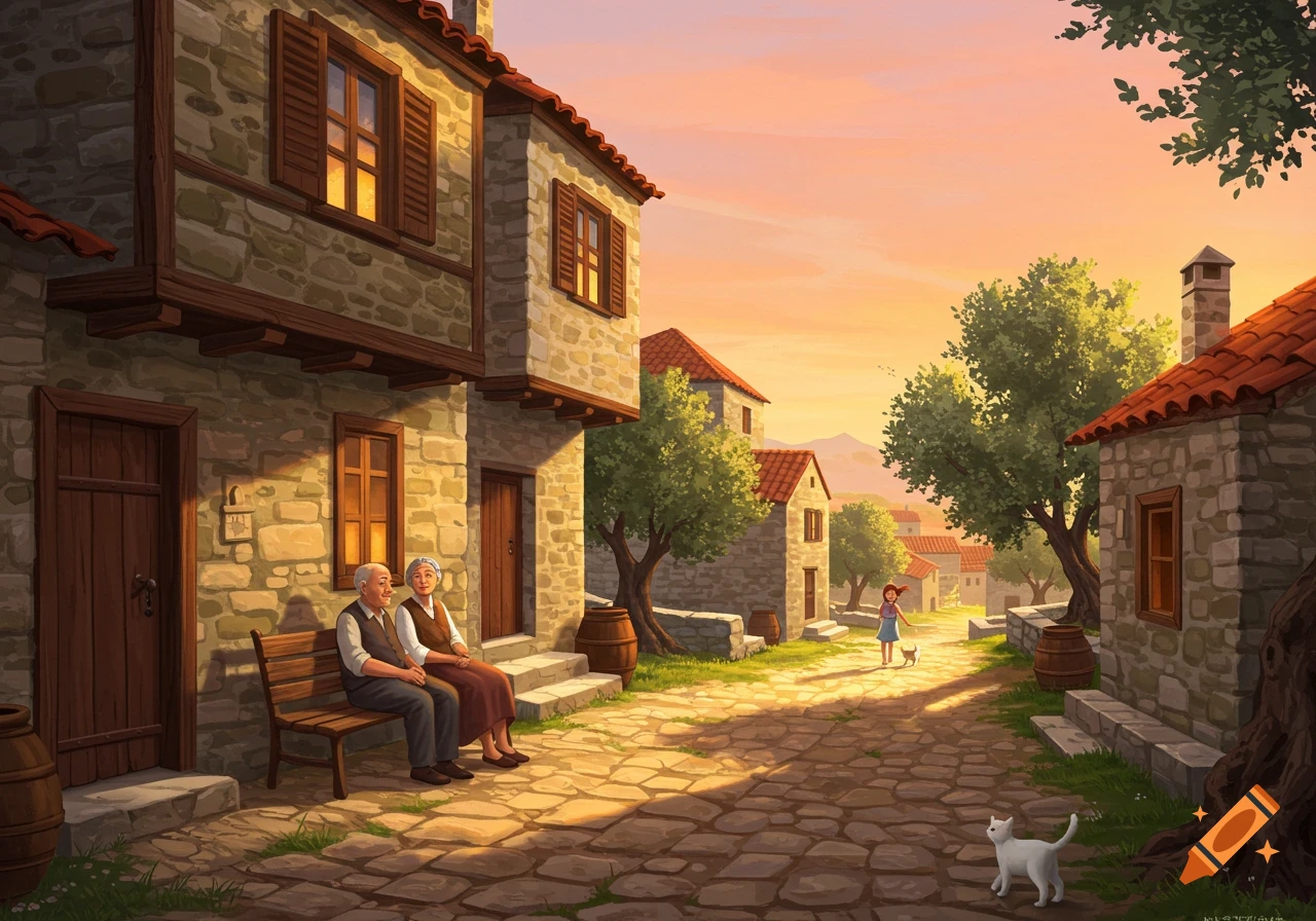 Illustrated village scene at sunset with an elderly couple on a bench, a child with a white cat on a cobblestone path, and stone houses.