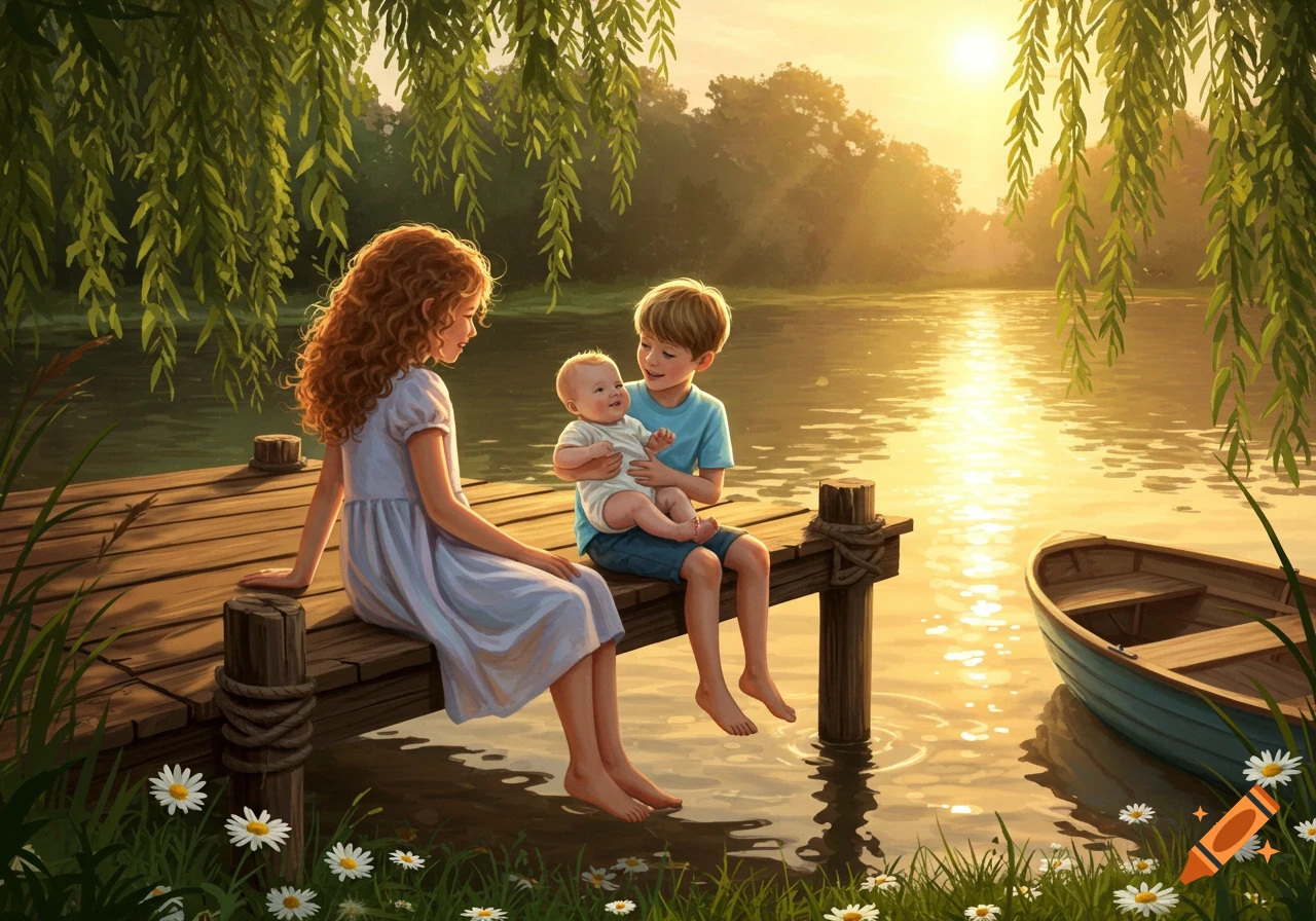 A girl, a boy holding a baby, sit on a wooden dock by a lake at sunset. Willow trees drape overhead, with daisies and a boat nearby. Digital art.
