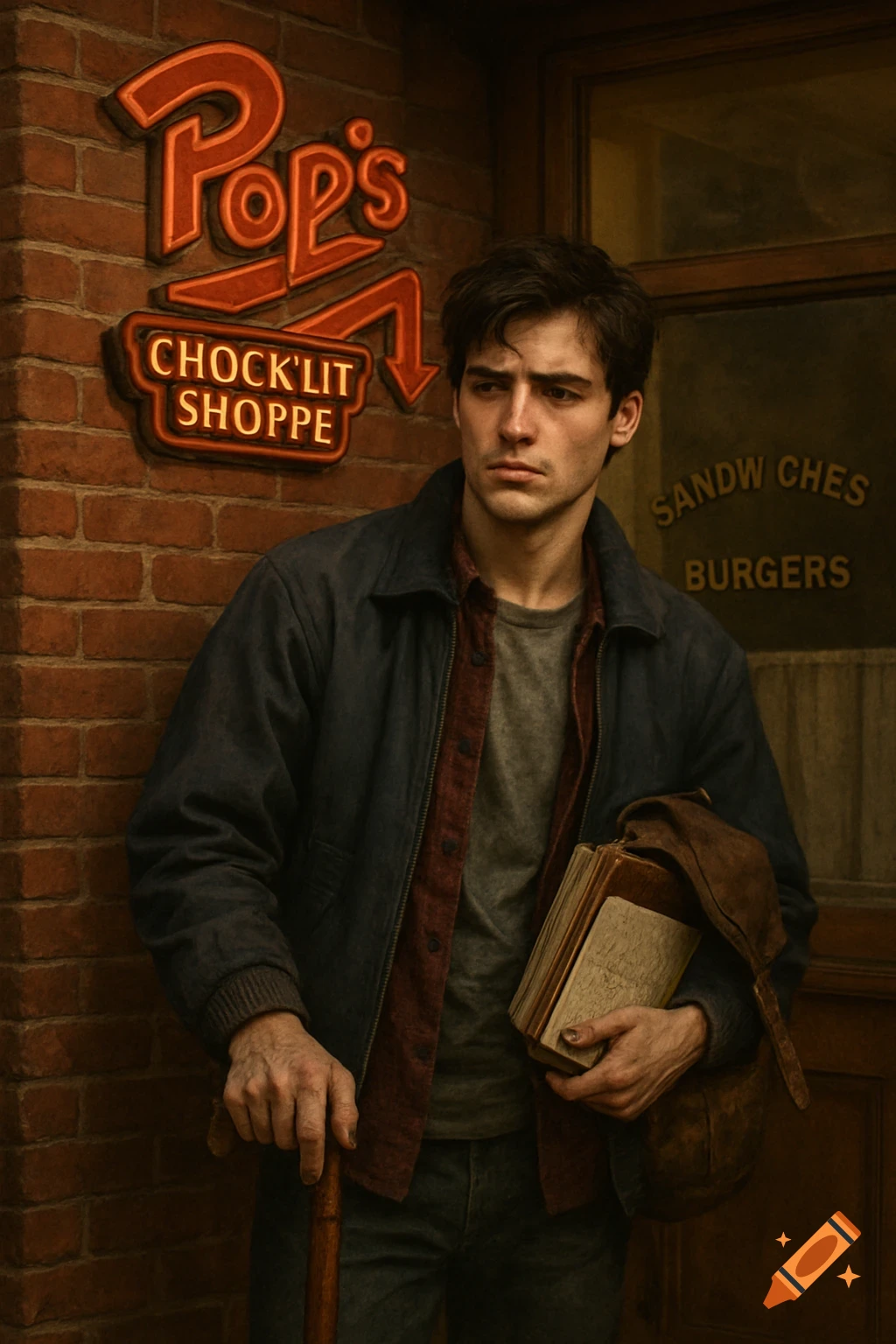 A young man with dark hair leans against a brick wall next to a vintage 'Pop's Chock'lit Shoppe' sign, holding a cane and books.