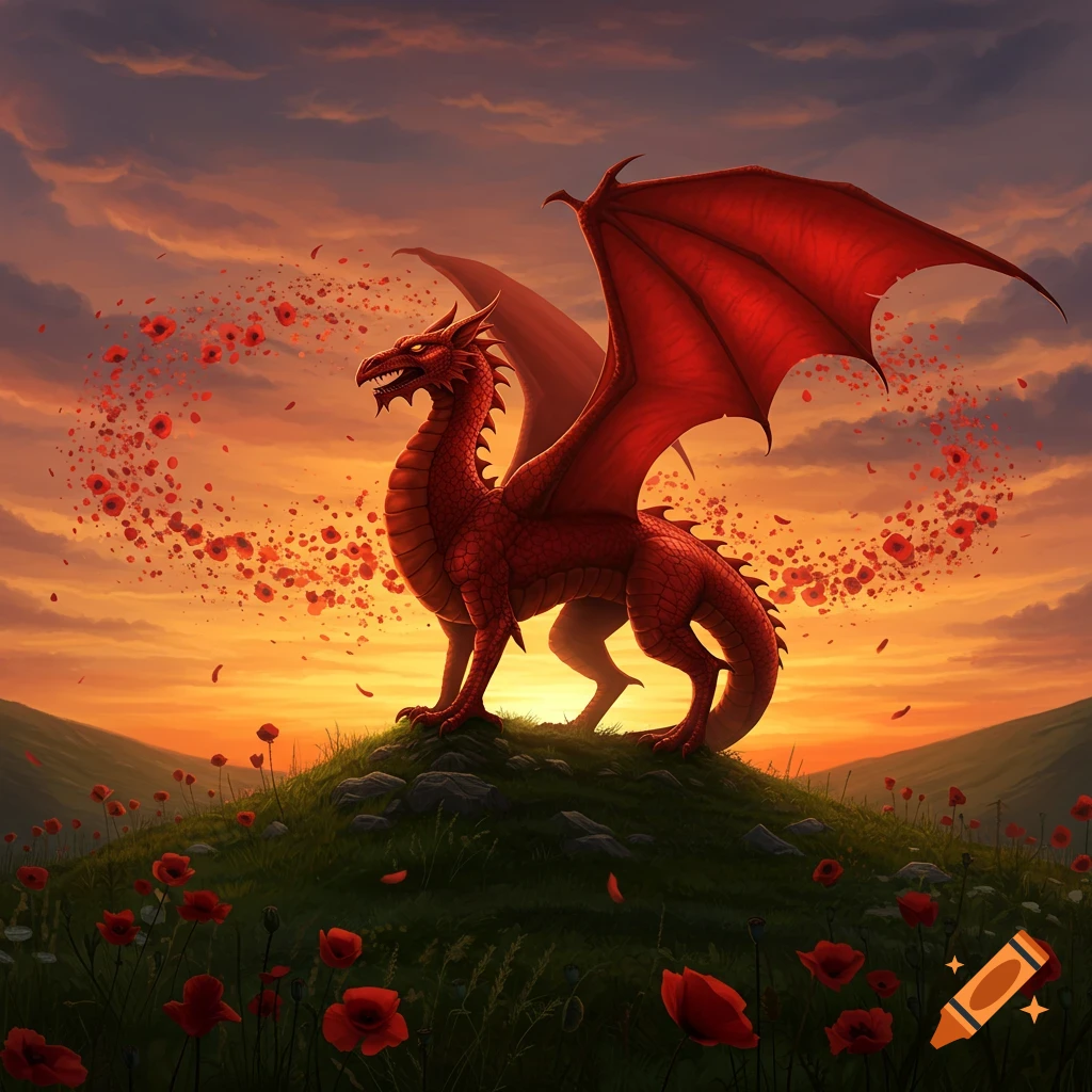 A majestic red dragon stands on a poppy-covered hill at sunset, with poppy petals swirling in the air. Fantasy art.