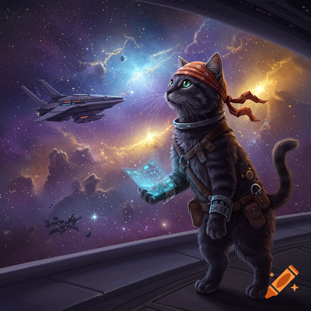 A gray space pirate cat with a red bandana and gear looks at a spaceship through a window, holding a glowing blue holographic map against a vibrant nebula.
